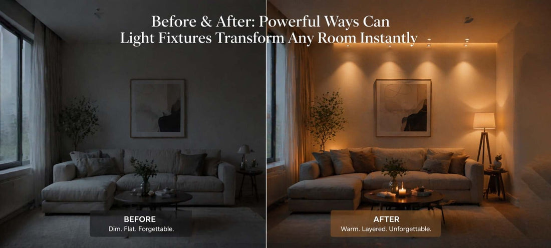 before and after room transformation with modern can light fixtures
