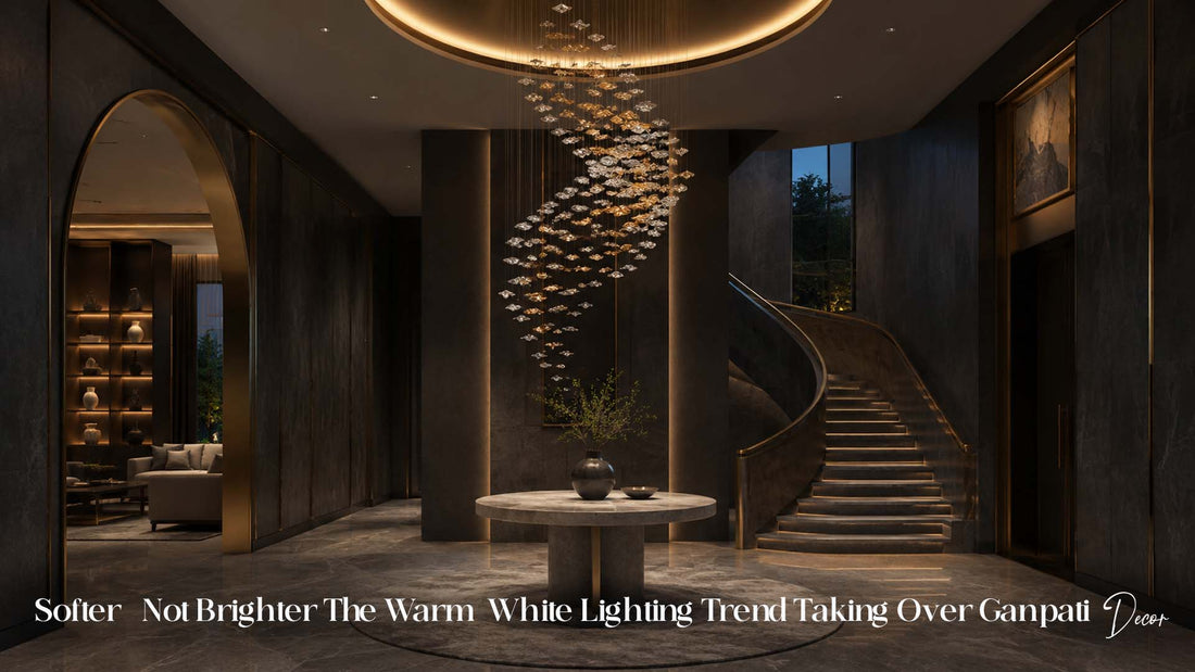 Warm white lighting creating an elegant glow around Ganpati decor
