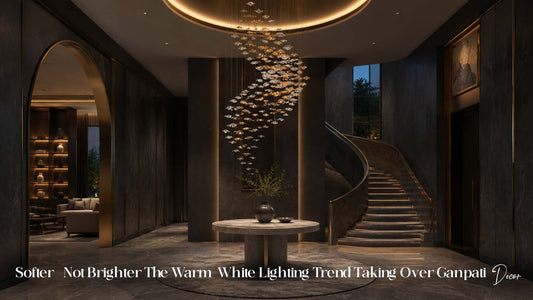 Warm white lighting creating an elegant glow around Ganpati decor