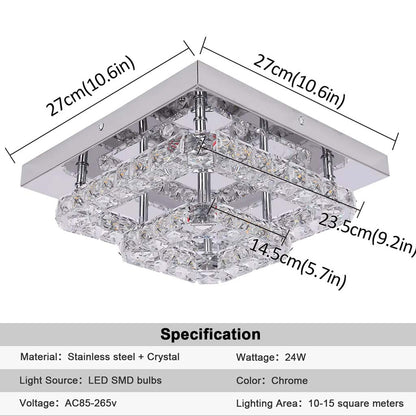 Ceiling light fixture with crystal design and dimensions on a white background