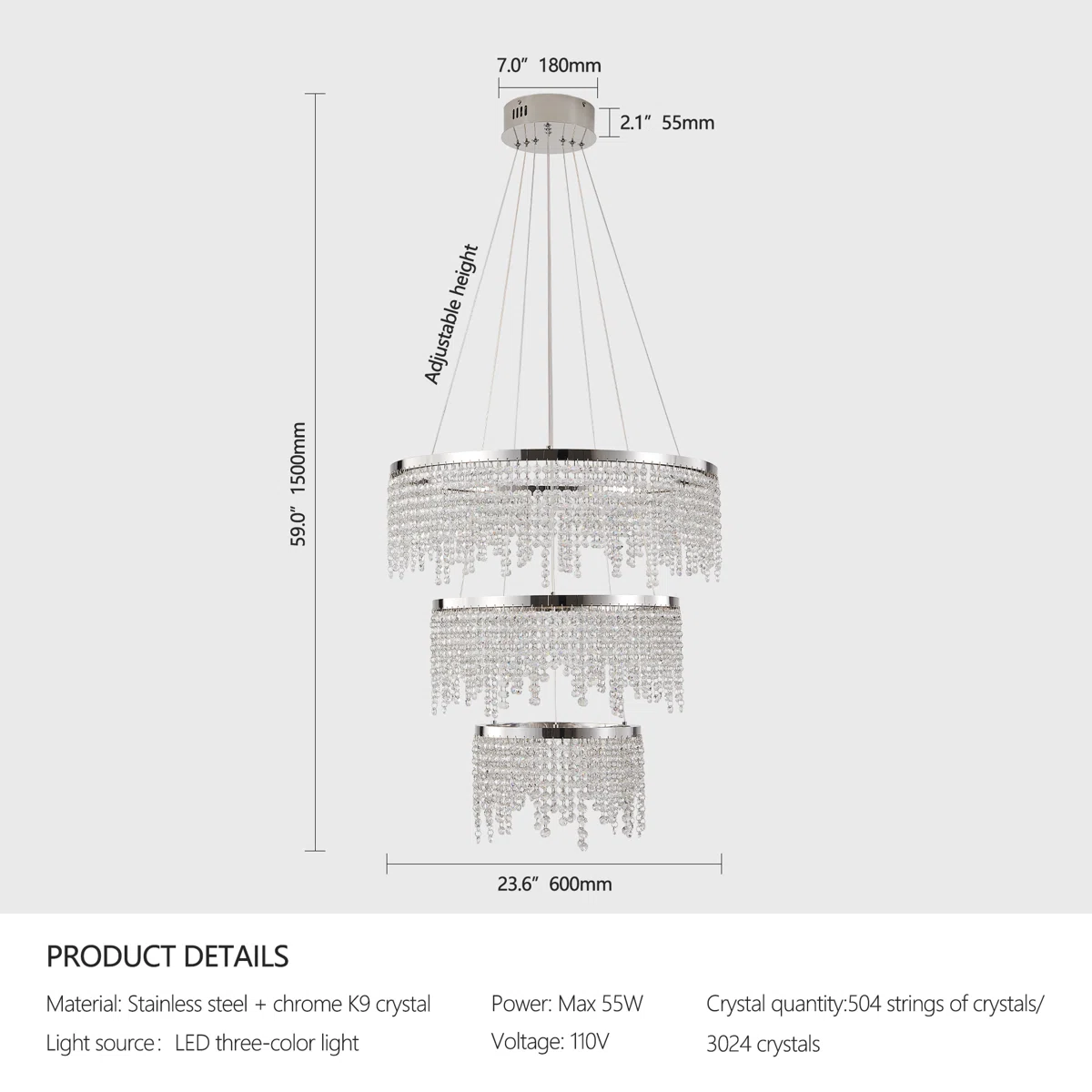 23.6 inch integrated LED Crystal modern chandelier in india