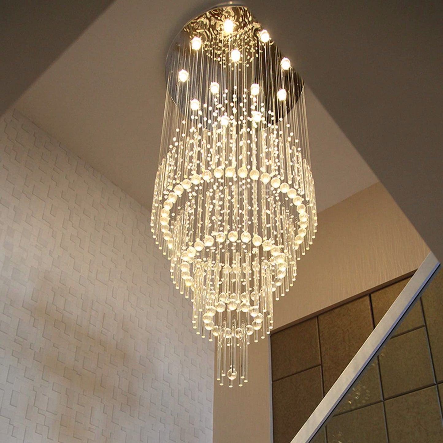 Modern Double Height Crystal Waterfall Chandelier