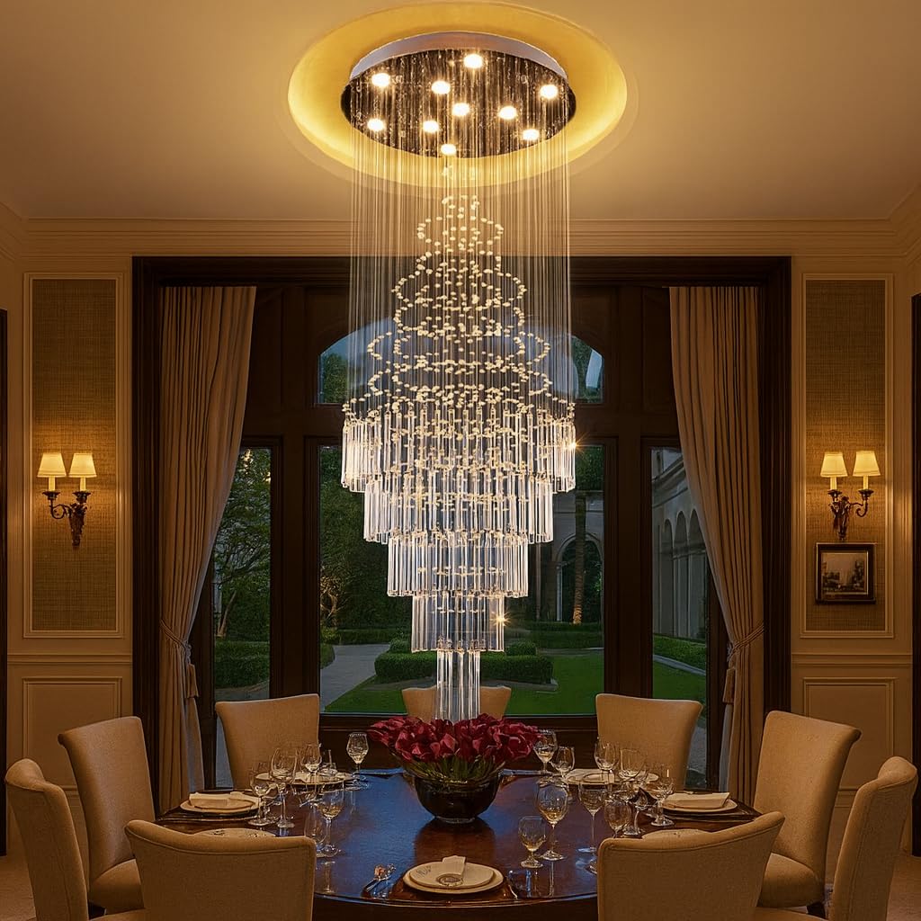 Modern Double Height Crystal Waterfall Chandelier