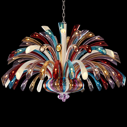 A multi-colored glass chandelier with a burst of translucent curved rods in red, blue, white, gold, and purple tones, suspended from a chain against a solid black background.