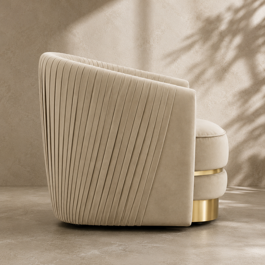 Beige armchair with ribbed texture and gold base on a neutral background