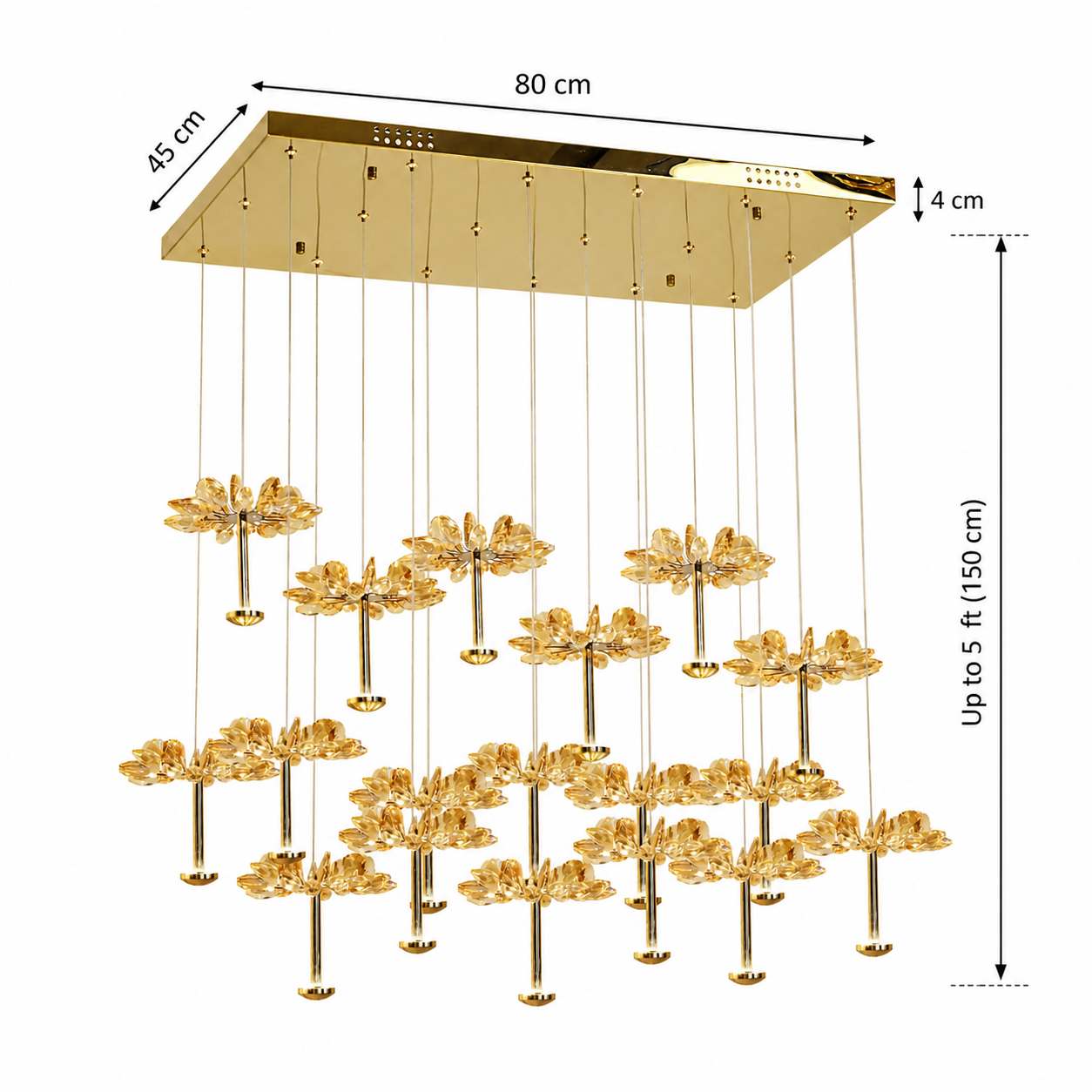 Gold chandelier with dimensions indicated on a white background