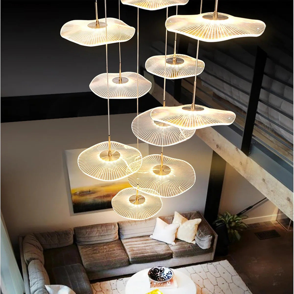 High Ceiling Chandelier – Dimmable Modern Gold Spiral Lotus Leaf LED Pendant Light