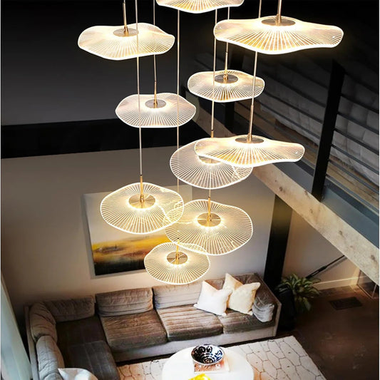 High Ceiling Chandelier – Dimmable Modern Gold Spiral Lotus Leaf LED Pendant Light