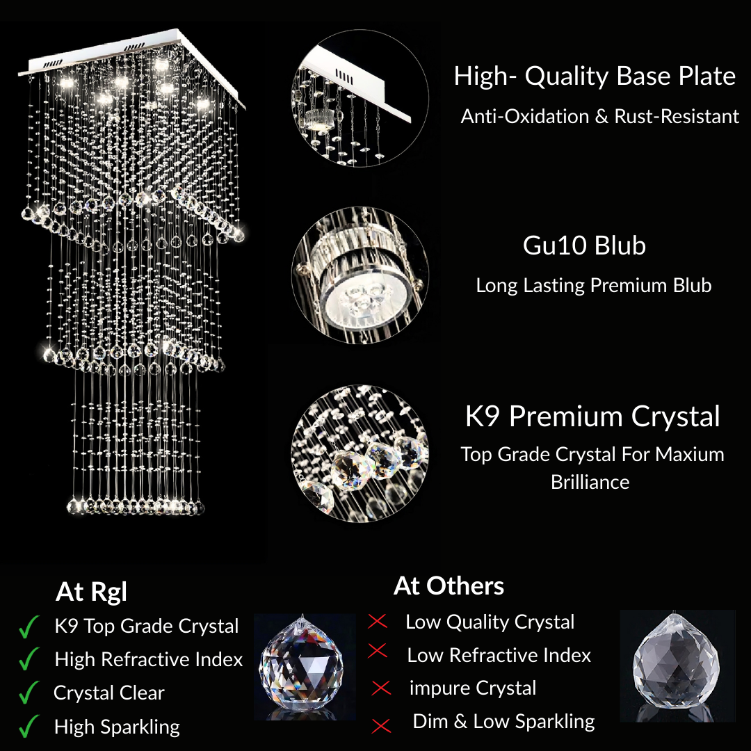 Chandelier with K9 premium crystal and Gu10 bulb on a black background