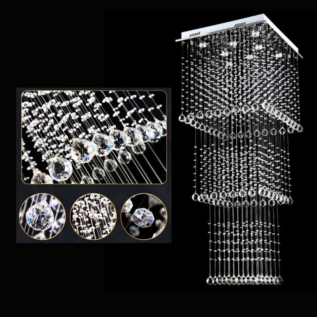 Crystal chandelier with close-up details on a black background