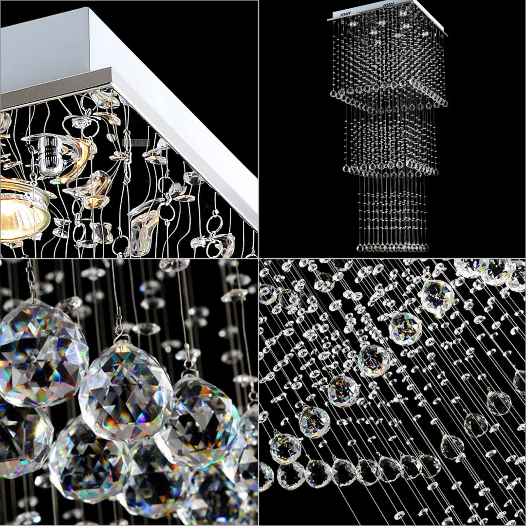 Collage of various crystal chandeliers and lighting fixtures.