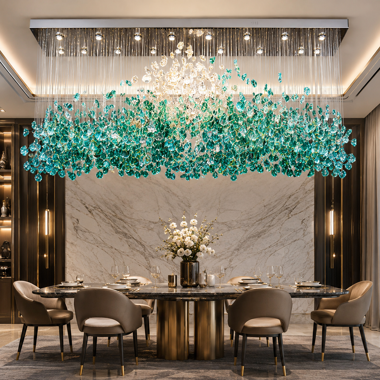 Luxurious dining room with a large teal chandelier, marble wall, and round table.