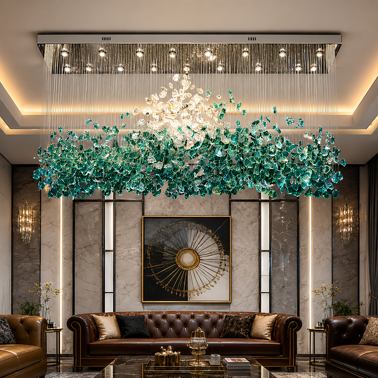 Luxurious living room with a large green chandelier, brown leather sofa, and decorative wall art.