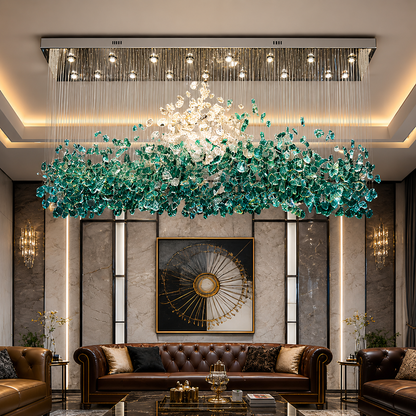 Luxurious living room with a large green chandelier, brown leather sofa, and decorative wall art.