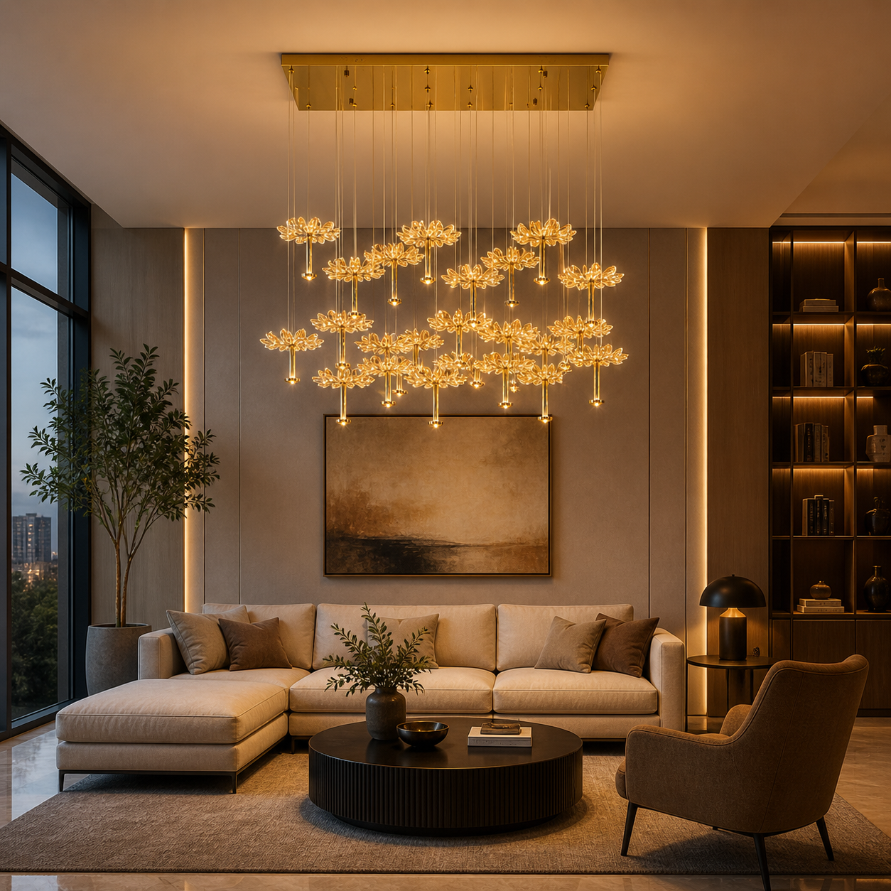 Modern living room with a chandelier, sofa, and bookshelf.
