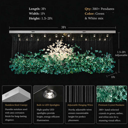 Chandelier with green and white crystal pendants, dimensions, and features on a black background.